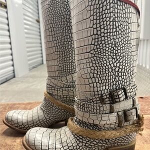 Freebird by Steven Croc-Embossed Boots in White and Brown “Dove”
